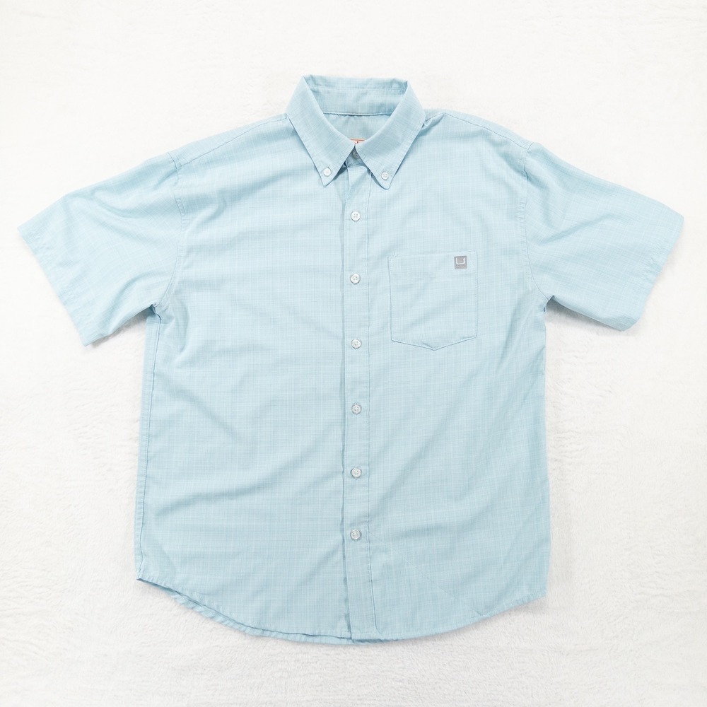 Huk Mens Fishing Shirt Small Blue Short Sleeve Button Down Performance Casual